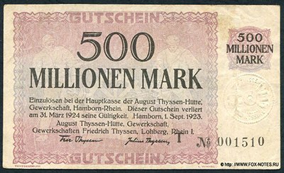 August Thyssen-Hütte, Gewerkschaften Friedrich Thyssen, Lohberg. 500 Millionen Mark 1923
