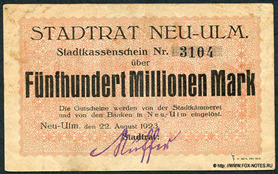 Stadt Neu-Ulm 500 Millionen Mark 1923