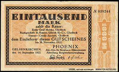 Phoenix Akt. Ges. für Bergbau u. Hüttenbetrieb, Abteilung Bergwerksverwaltung 1000 Mark 1922