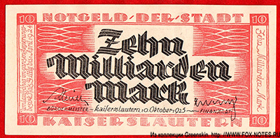 Stadt Kaiserslautern. 10 Milliarden 1923.