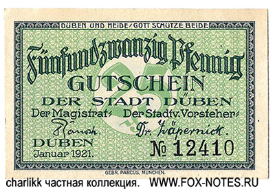 Gutschein der Stadt Düben. Januar 1921.