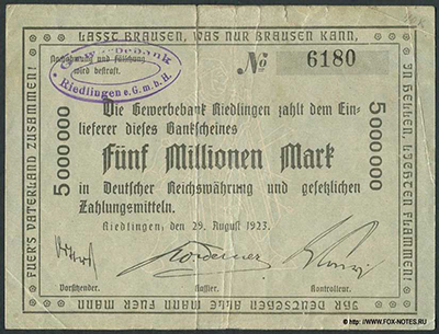Gewerbebank Riedlingen 5 Millionen Mark.1923