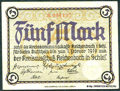 Reichenbach in Schlesien 5 Mark 1919