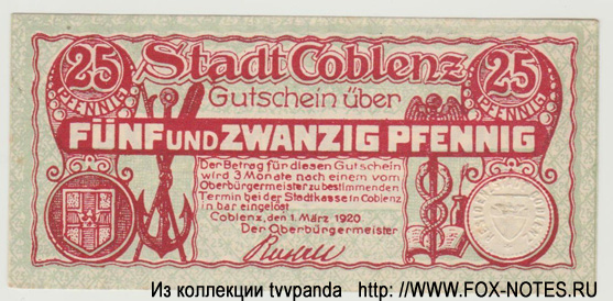 Stadt Coblenz 25 Pfennig 1920