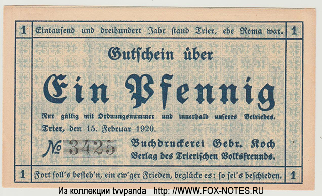 Buchdruckerei Gebr. Koch 1 Pfennig 1920