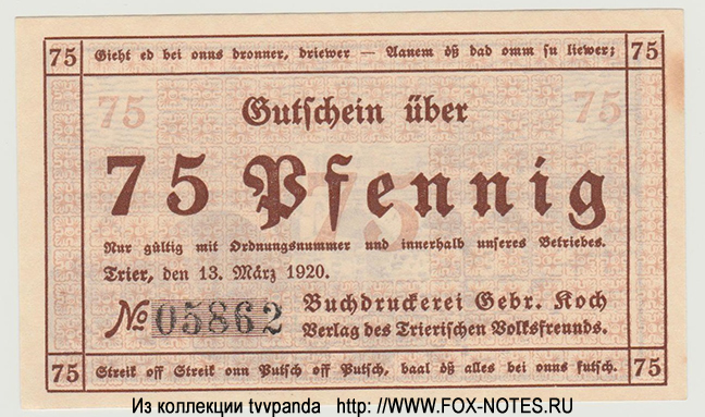Buchdruckerei Gebr. Koch 75 Pfennig 1920