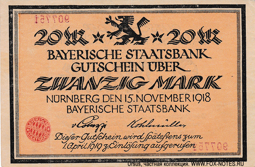 Bayerische Staatsbank 20 Mark 1918