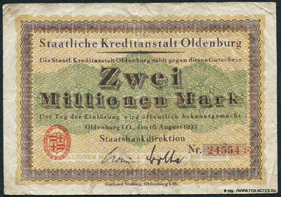 Staatliche Kreditanstalt Oldenburg 2 Millionen Mark 1923