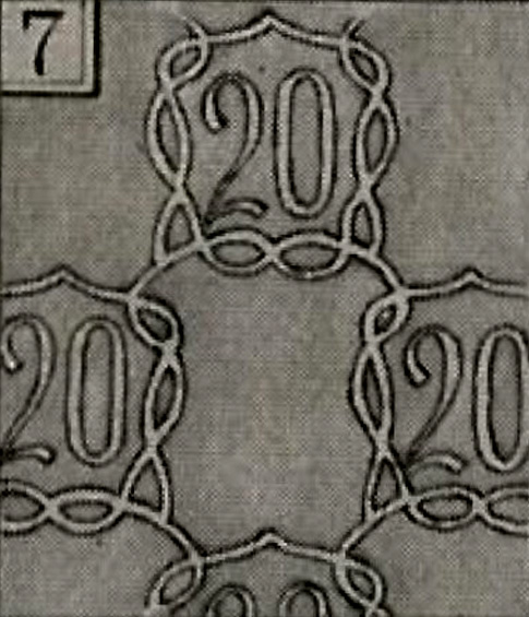 Wasserzeichen Zahl 20 in einer Umrahmung von verschlungenen Linien (20 Mark 1914)