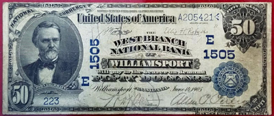 West Branch National Bank Of Williamsport 50 dollars 1905